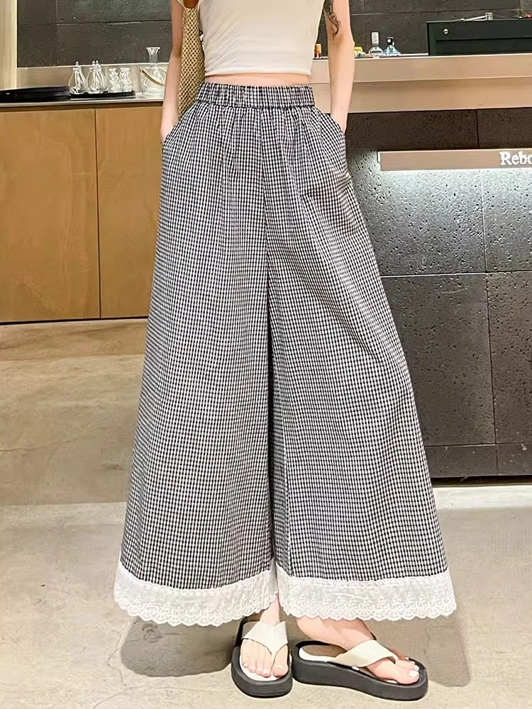 日系蕾丝花边格百搭子阔腿裤女夏季2025新款裙裤宽松显瘦休闲长裤