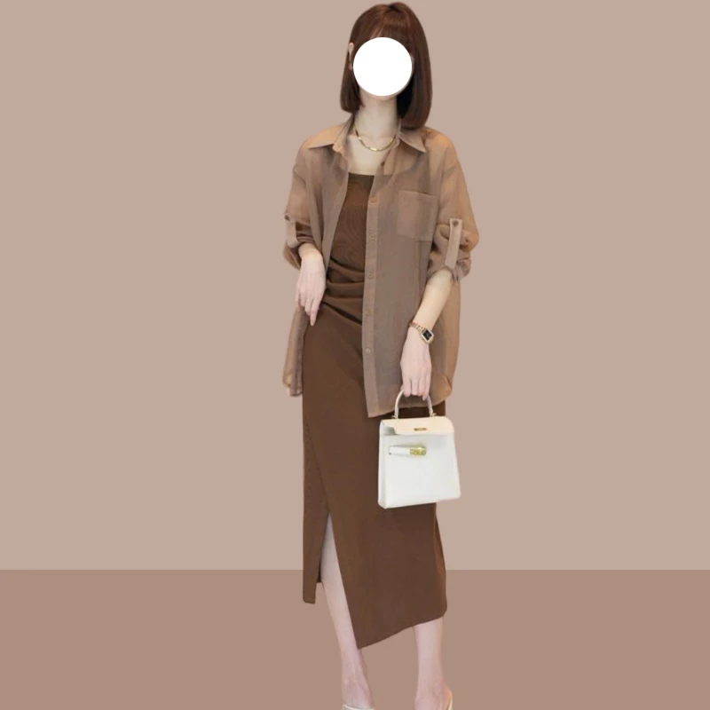 2025夏季新款轻薄防晒长袖衬衫配褶皱显瘦开叉吊带裙两件套套装女