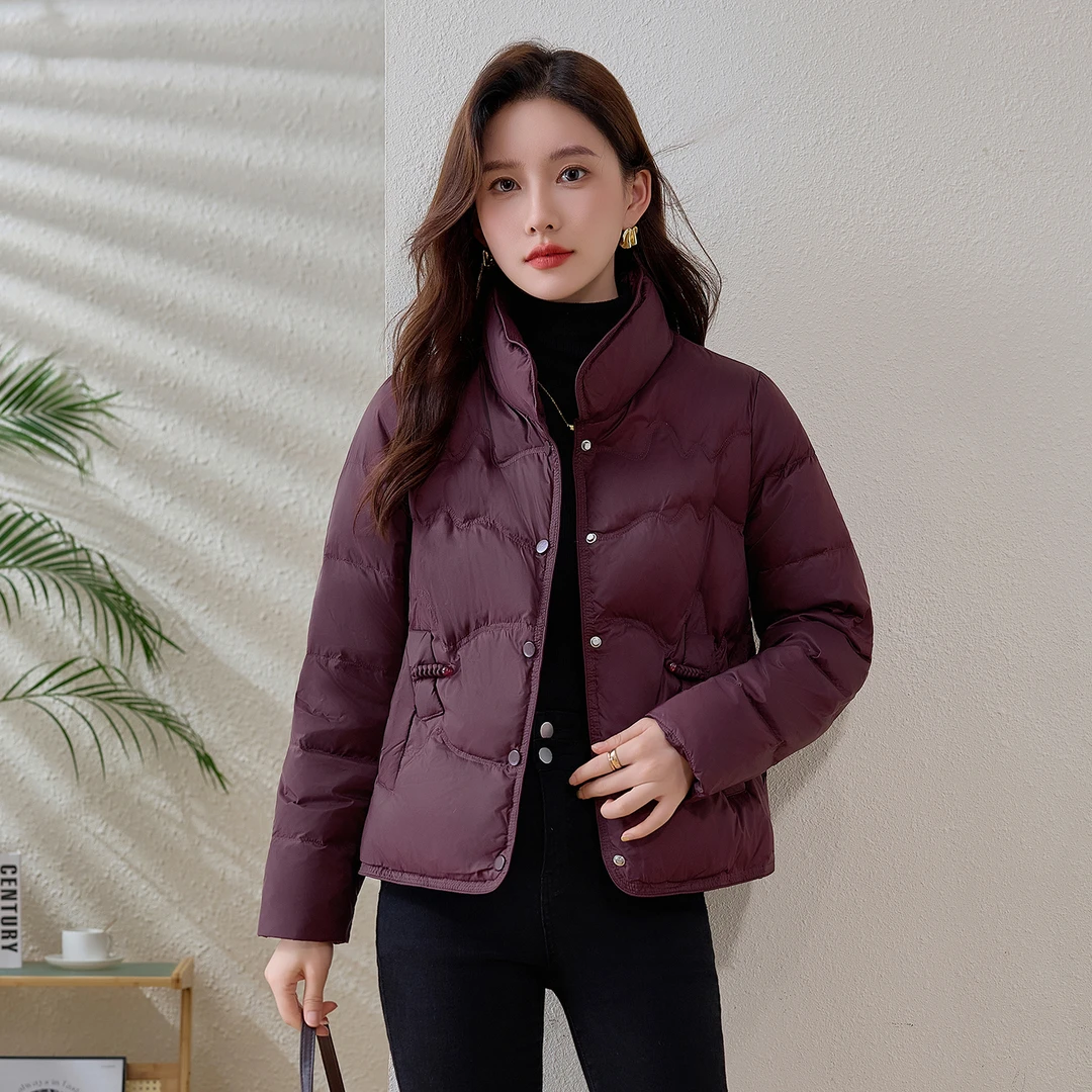 白鸭绒休闲风韩版显瘦保暖大码立领秋冬短款女士新中式轻薄羽绒服