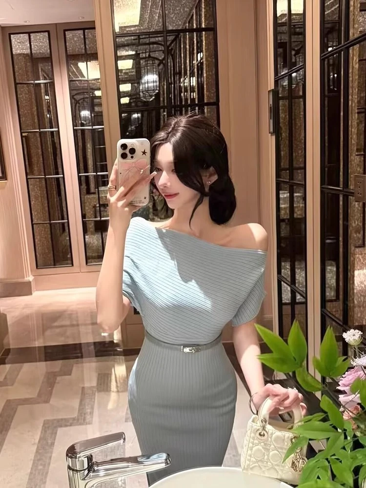 法式气质斜肩连衣裙女夏季纯欲风高级感修身收腰显瘦超好看包臀裙