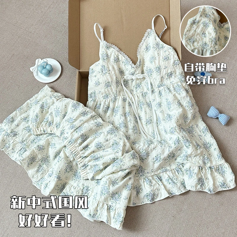 性感吊带睡衣夏季天女带胸垫温柔小碎花夏天新款云朵棉家居服薄款