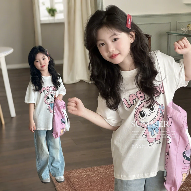 100棉儿童夏季中大童短袖T恤女童洋气卡通印花上衣宽松百搭5151