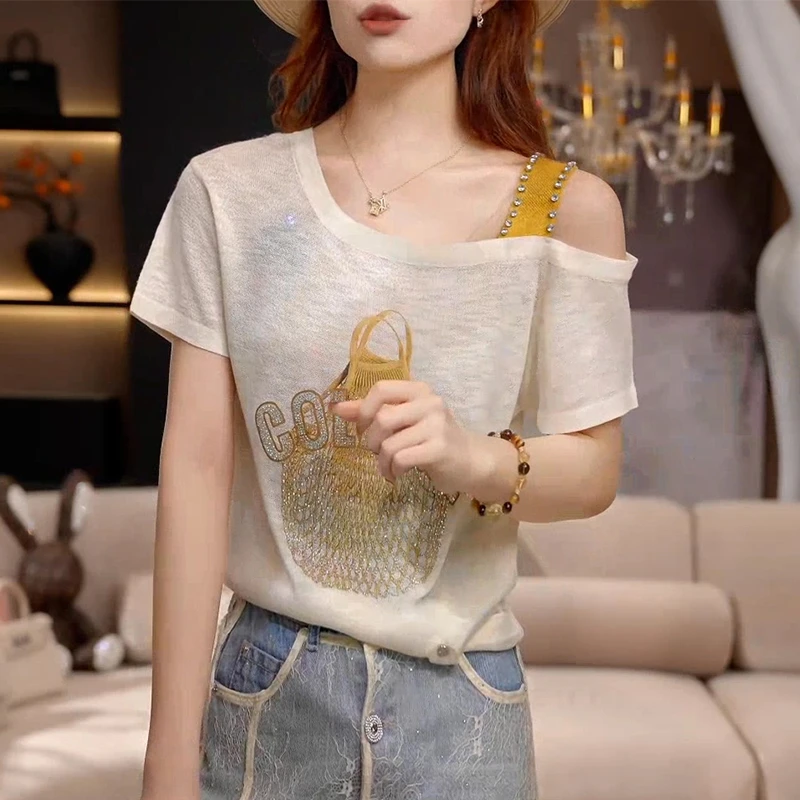 设计感重工烫钻露肩短袖t恤女2025夏季新款小众修身显瘦减龄上衣