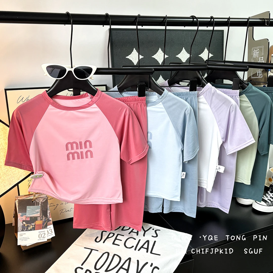 儿童夏季冰丝家居服套装短袖八分裤春装薄款圆领欧若风睡衣套装