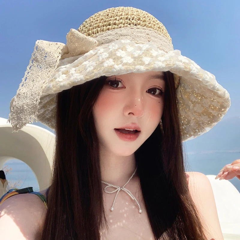 Miss Silas夏季经典镂空草编蕾丝花朵透气遮阳帽户外出游沙滩帽女