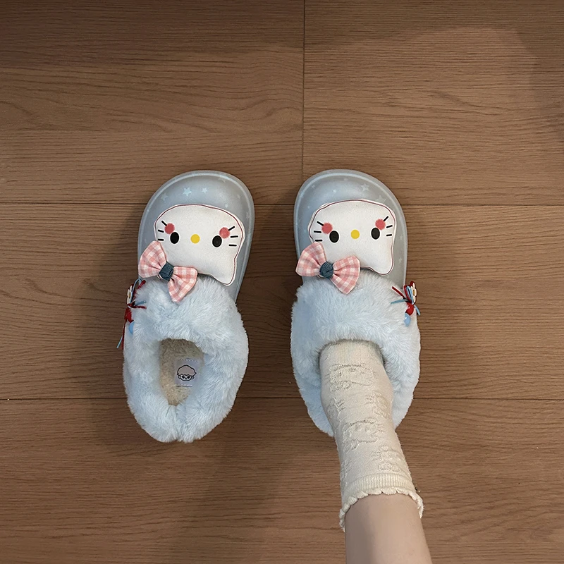 可爱卡通带蝴蝶结小猫毛毛鞋女外穿2025年秋冬新款串珠花朵包头拖
