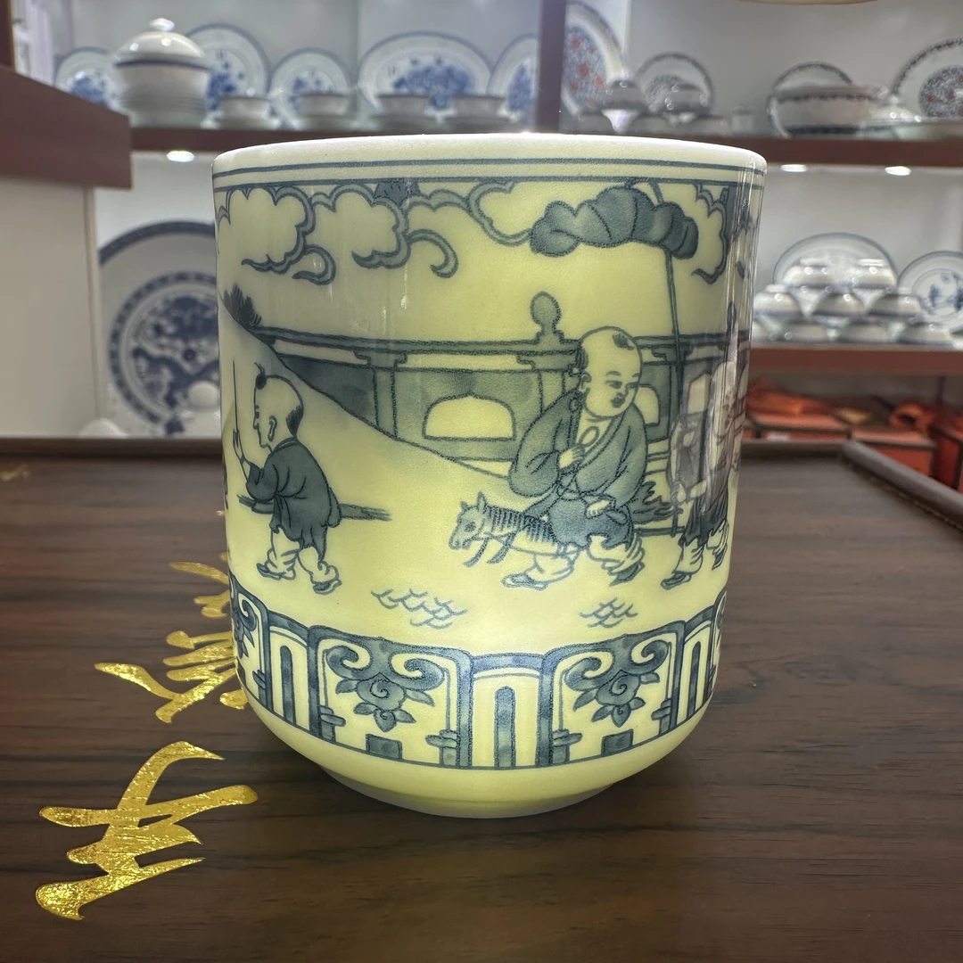 2个 景德镇高温白瓷仿古婴戏图茶杯250ml