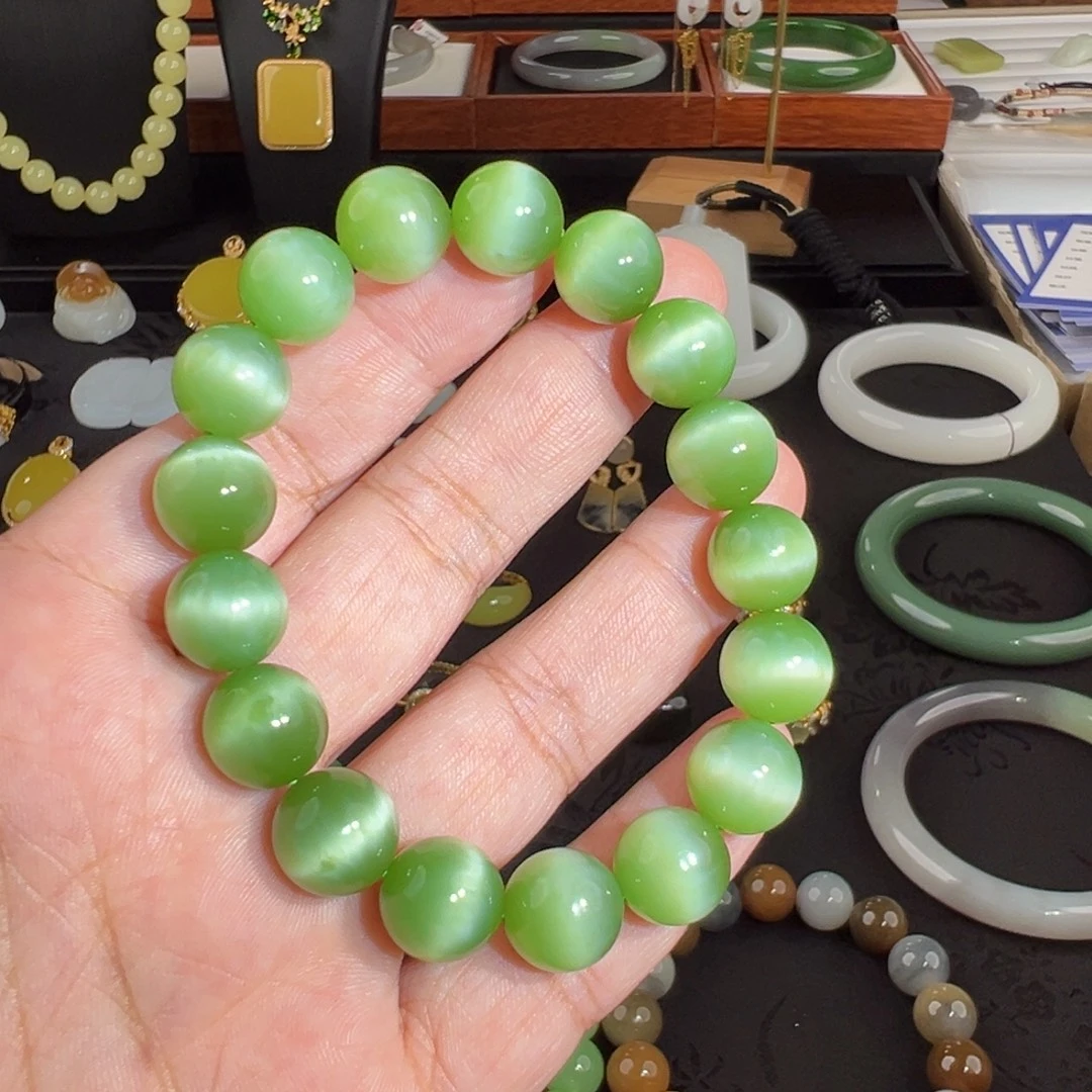 和田玉（碧玉）未镶嵌手串阳绿一线闪猫眼手串12mm