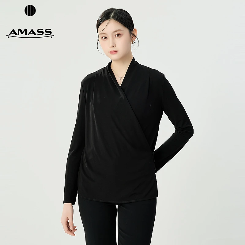 阿玛施AMASS新款时尚通勤简约气质女神造型感交叉长袖衬衫530034