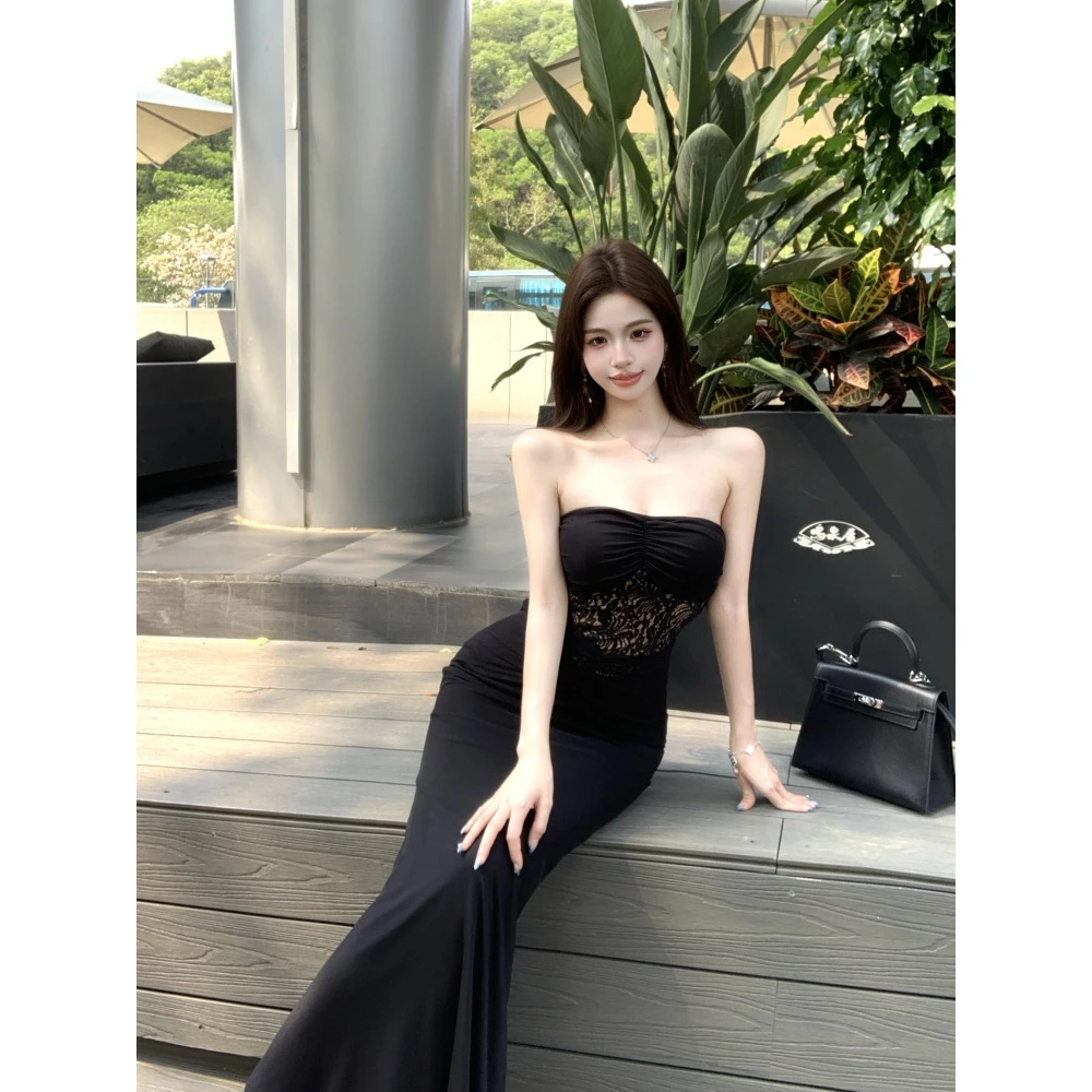 辣妹修身显瘦网纱拼接带胸垫连衣裙长款