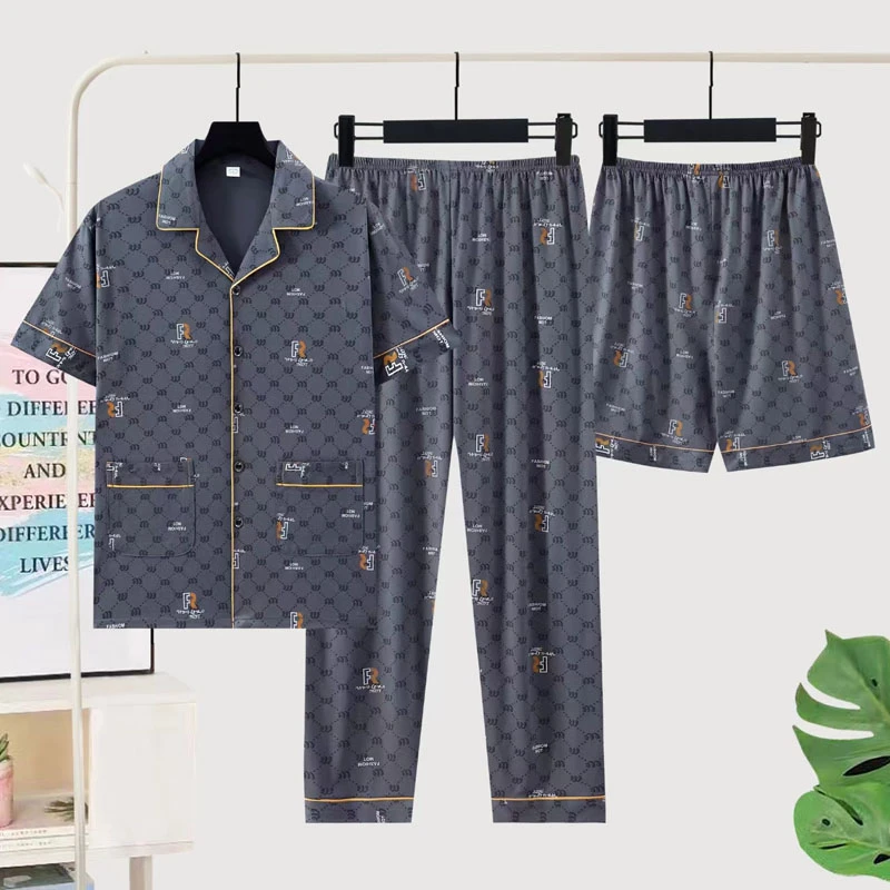 睡衣男士夏季纯棉短袖长裤薄款男款全棉春夏天短裤三件套装家居服