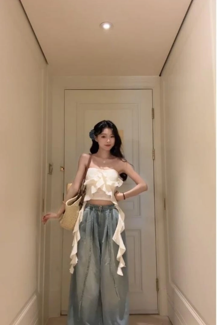 韩系2025夏季新款辣妹抹胸一字肩小众设计感上衣+时尚高腰阔腿裤