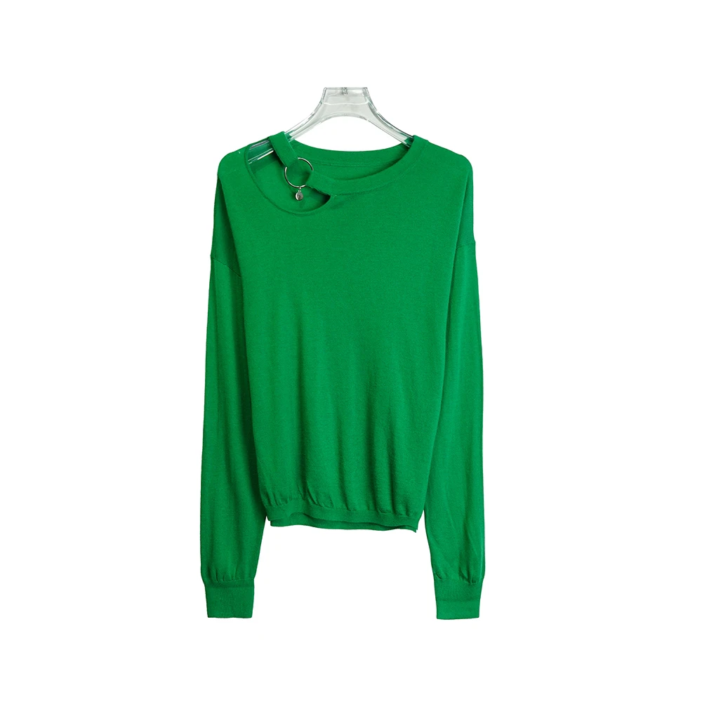 E3334【品牌撤柜】镂空气质设计感简约短款春季修身显瘦绿色上衣3Q