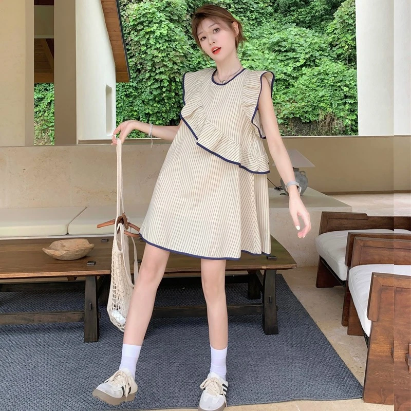 法式条纹小飞袖连衣裙女夏不规则荷叶边背心裙宽松小个子娃娃裙子