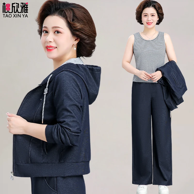 妈妈运动套装2025新款中老年女春秋外套时尚洋气跑步休闲服三件套