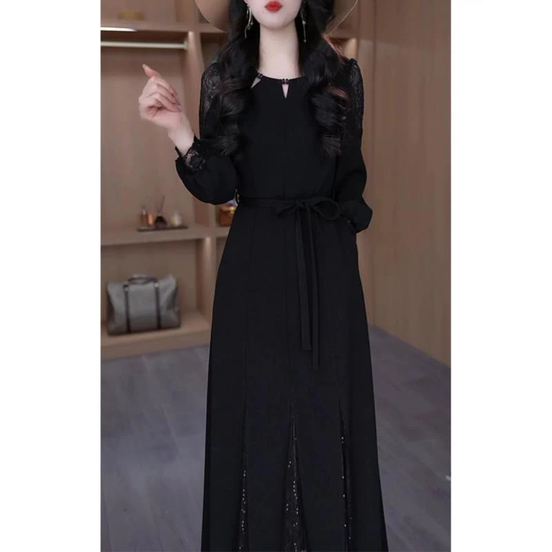 时尚法式长袖连衣裙女2025春季新款气质名媛妈妈显瘦黑色过膝裙子