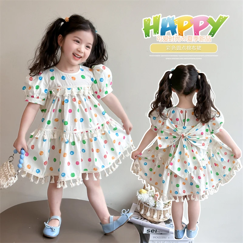 女童波点短袖连衣裙洋气儿童夏季2025新款女宝宝棉布裙子小女孩潮