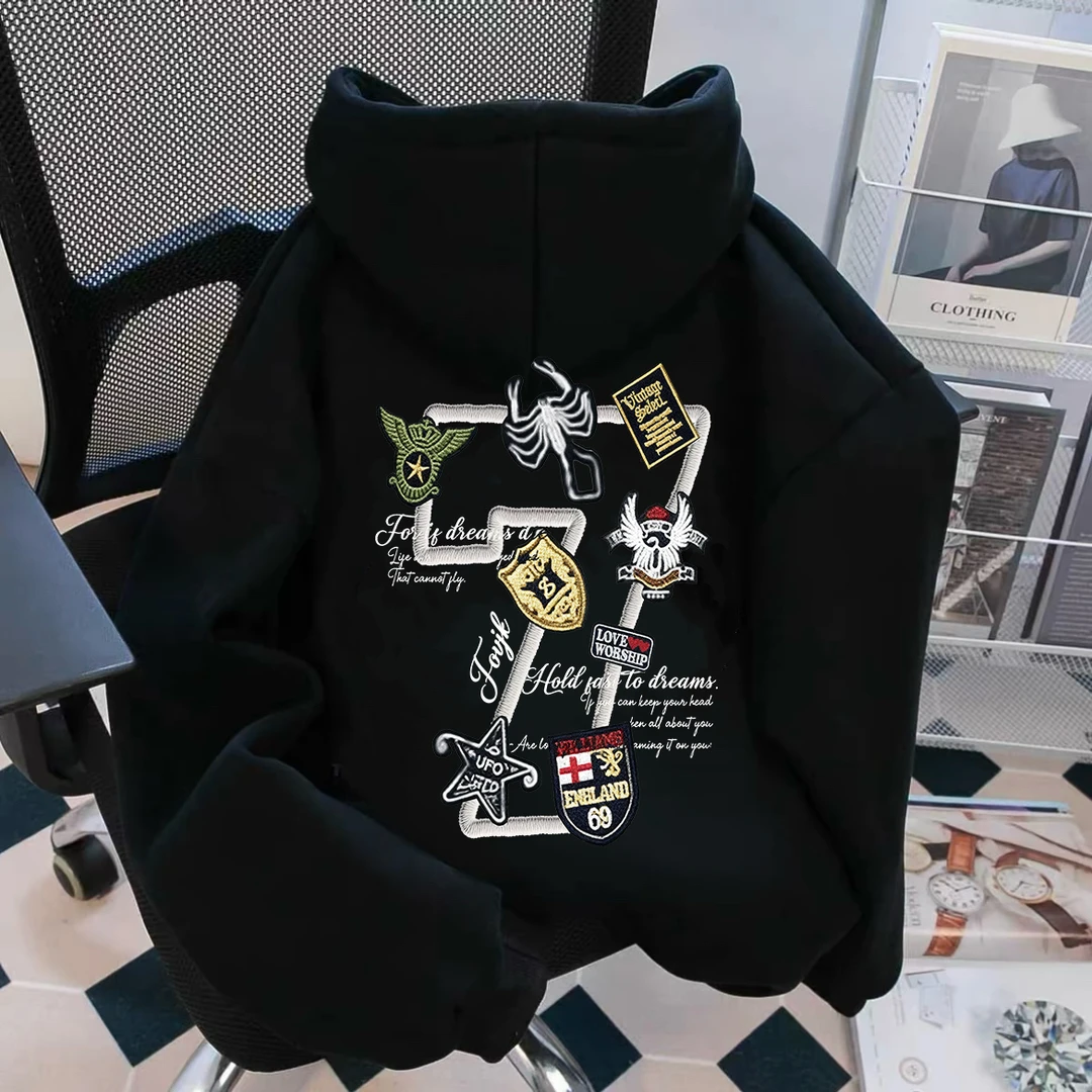 重磅加绒双层帽秋冬新款连帽卫衣字母防刺绣印花潮牌设计长袖外套