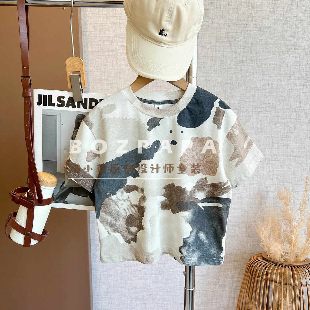 现货啵小爸【摩卡涂鸦】2025夏季韩系休闲彩色涂鸦风短袖T恤