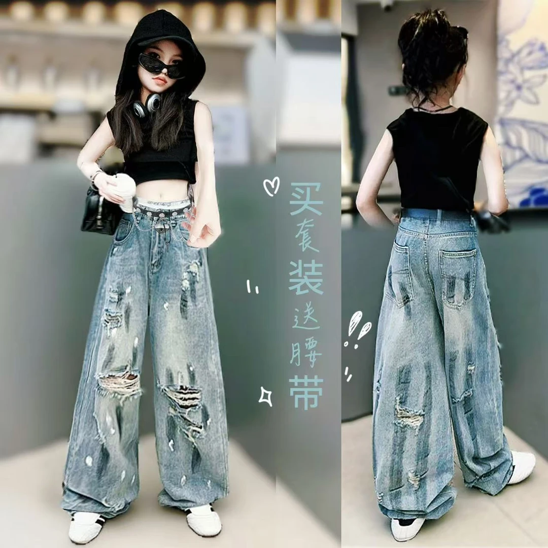 女童裤子2025新款中大童夏季薄款短袖泼墨牛仔裤嘻哈美式复古套装