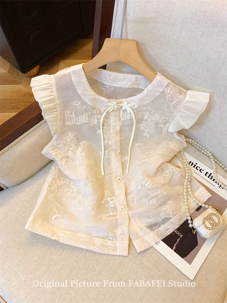 夏款国风新中式重工刺绣小飞袖衬衫女盘扣气质小衫微透无袖小上衣