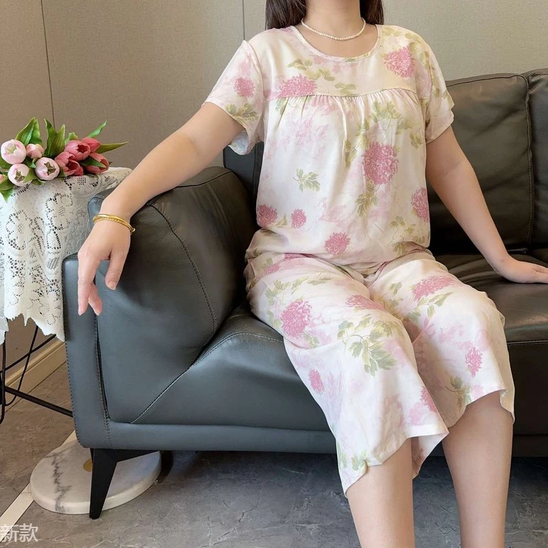 夏季女士绵绸套装短袖短裤睡衣韩版加大码人造棉绸休闲薄款家居服