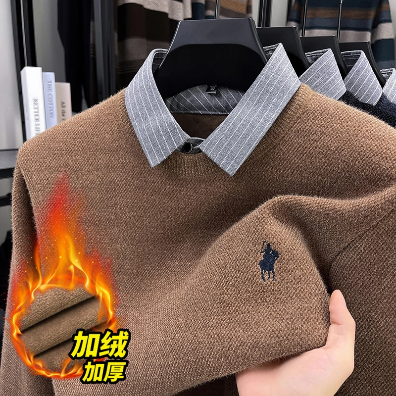 男士加绒加厚秋冬季商务休闲长袖假两件纯色针织衫衬衫领百搭上衣