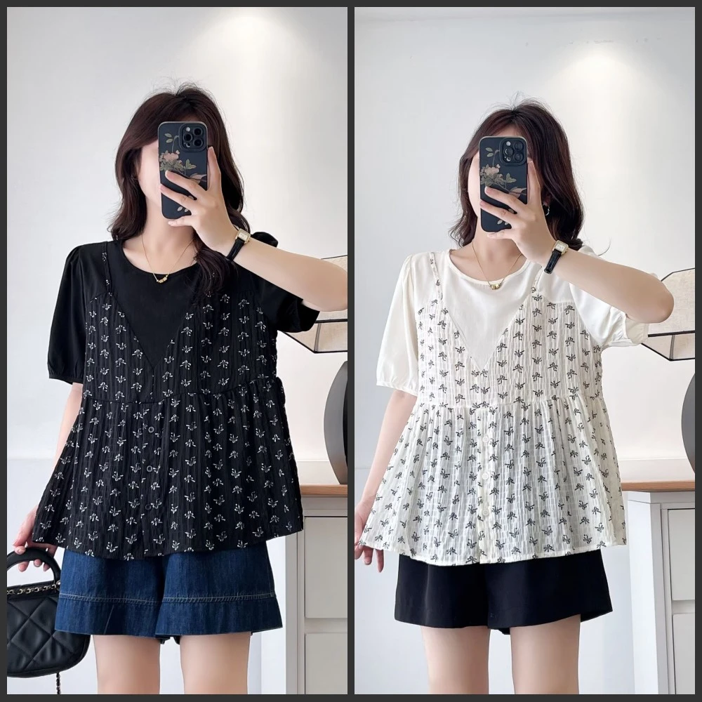 梦冬佳--110-190斤大码女装胖mm夏季减龄显瘦假两件短袖T恤小衫