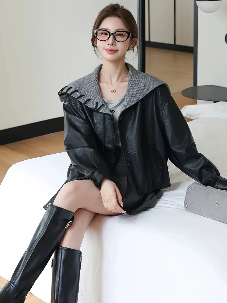 早秋新款小个子短款皮衣外套女不规则拼接设计软蛋白PU皮衣外套女