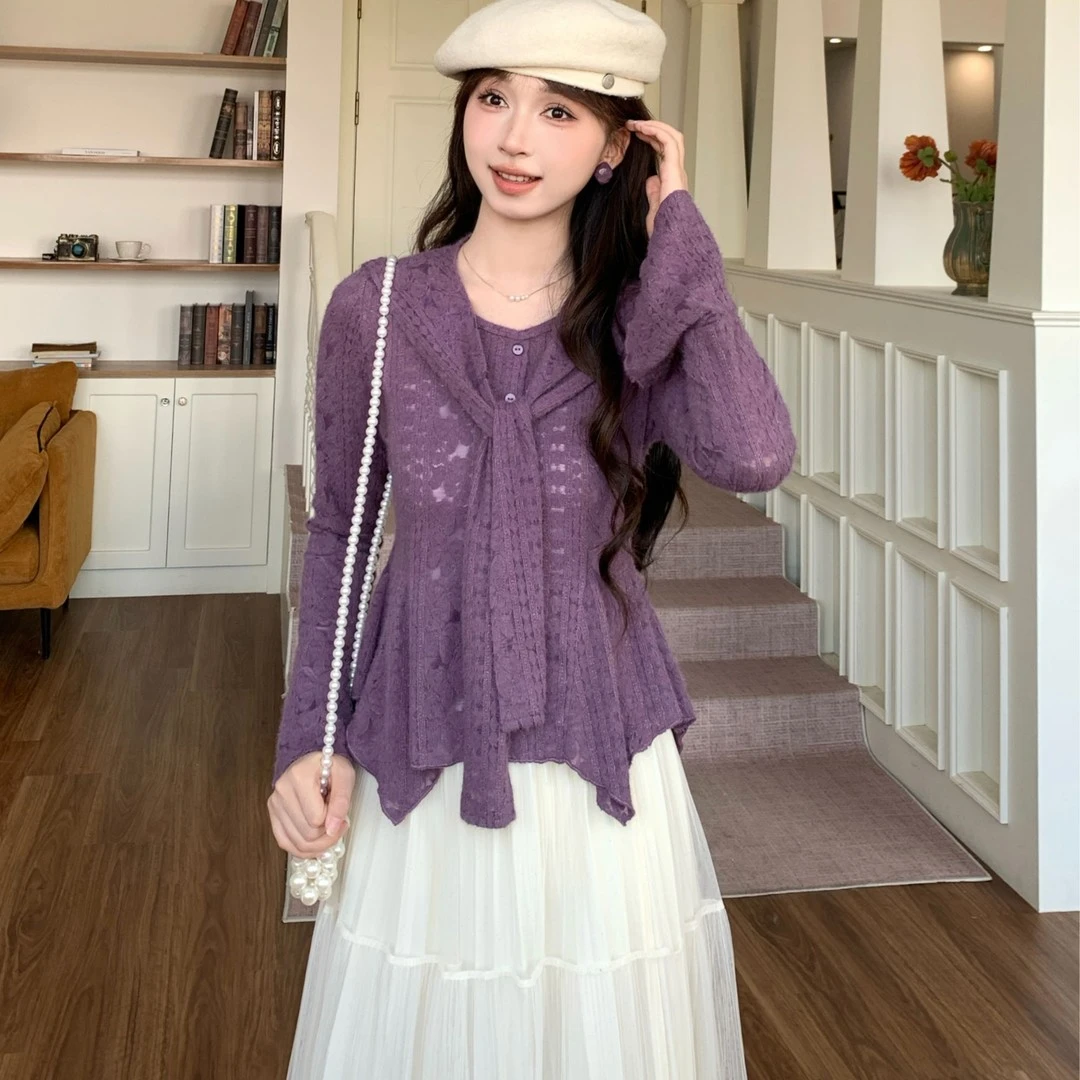 法式小众款温柔设计款上衣2025年秋季新款温柔紫色上衣