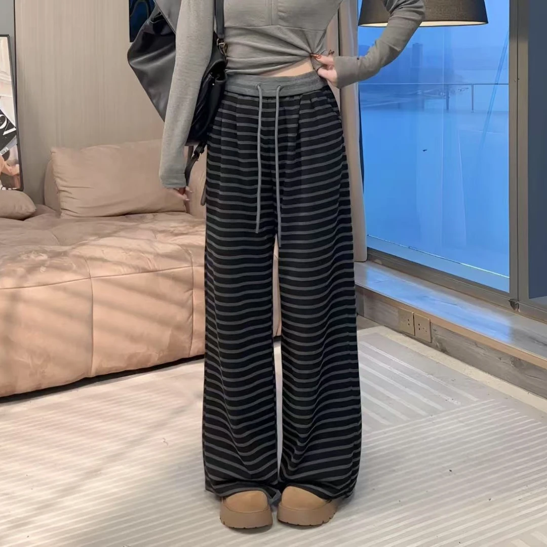 春季条纹阔腿裤女宽松显瘦高腰休闲长裤慵懒风百搭
