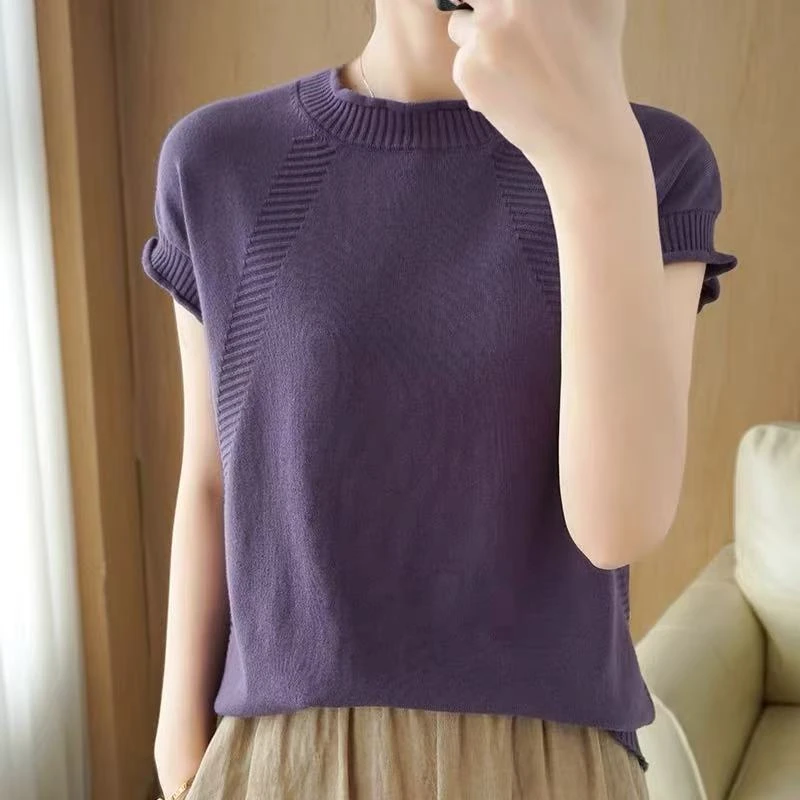 八字棉纱线针织圆领飞袖女透气吸汗针织衫