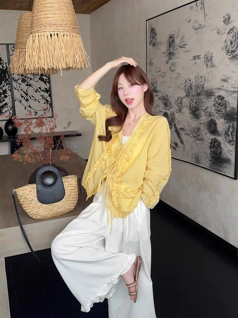 2695设计感小众木耳边系带V领防晒衬衫女夏季2025新款宽松显瘦