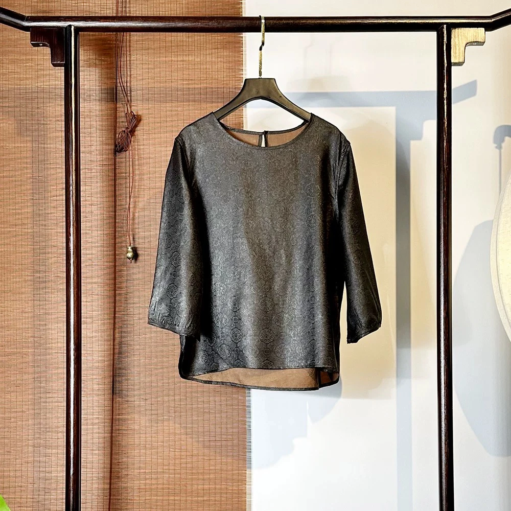 100%桑蚕丝香云纱打底衫女纯色百搭宽松时尚灯笼袖上衣秋JX8815