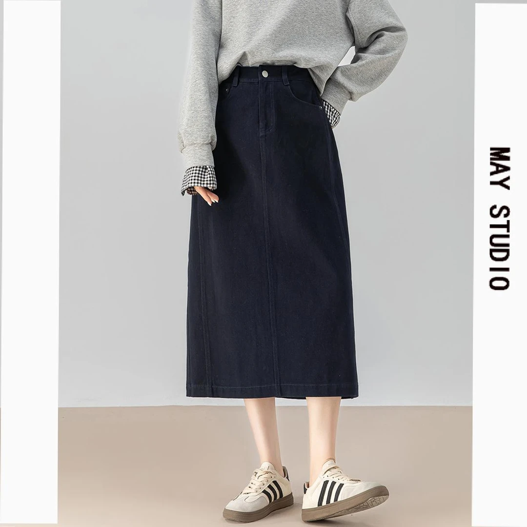 MAY藏蓝中长款A字半身裙女2025新款秋季休闲百搭显瘦高腰牛仔裙