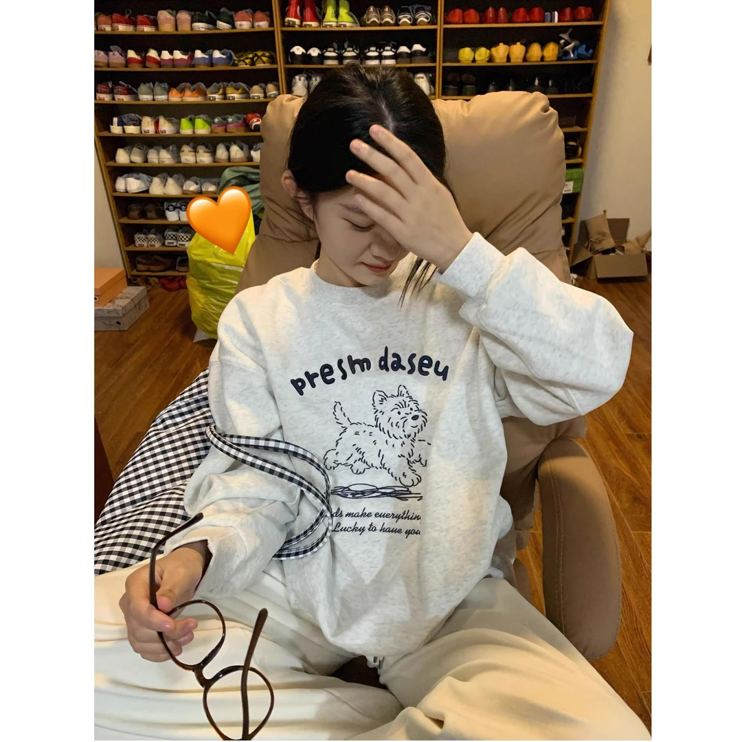 美式加绒圆领卫衣女秋季2025新款爆款韩系宽松慵懒风无帽长袖上衣