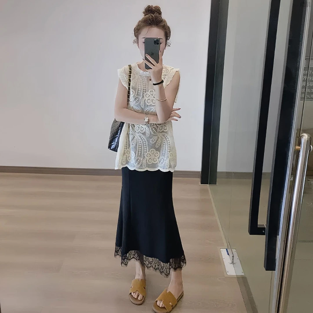 夏季套装女2025新款高级感绝美套头上衣蕾丝拼接鱼尾半身裙两件套
