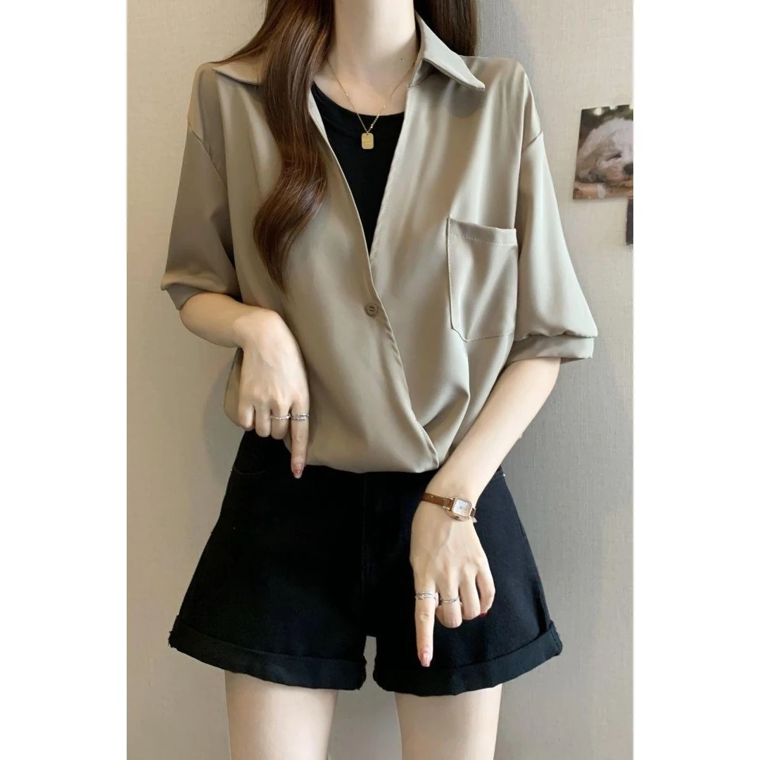 气质假两件领撞色衬衫女夏2025大码胖新款宽松遮肚休闲上衣
