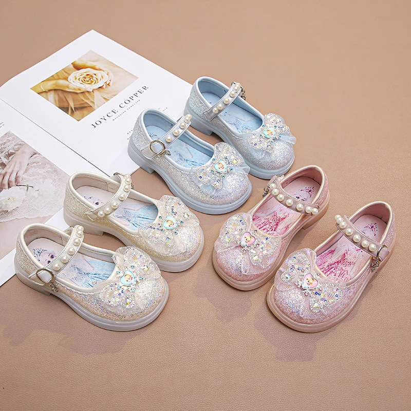 爱莎公主鞋小仙女宝宝灯鞋秋季新款儿童小童水钻珍珠蝴蝶结表演鞋