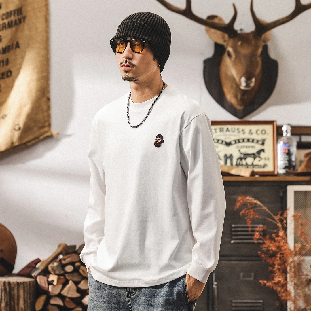 美式复古260g重磅纯棉长袖T恤男春秋新款宽松休闲打底衫白色上衣