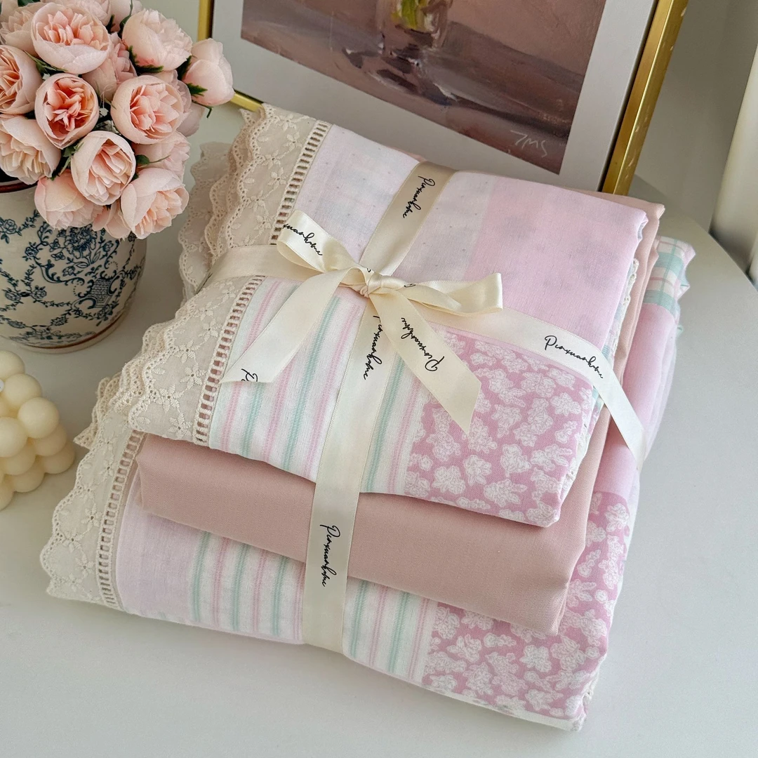 小玲子 百福粉 全棉双层纱三件套四件套花边印染工艺小清新风