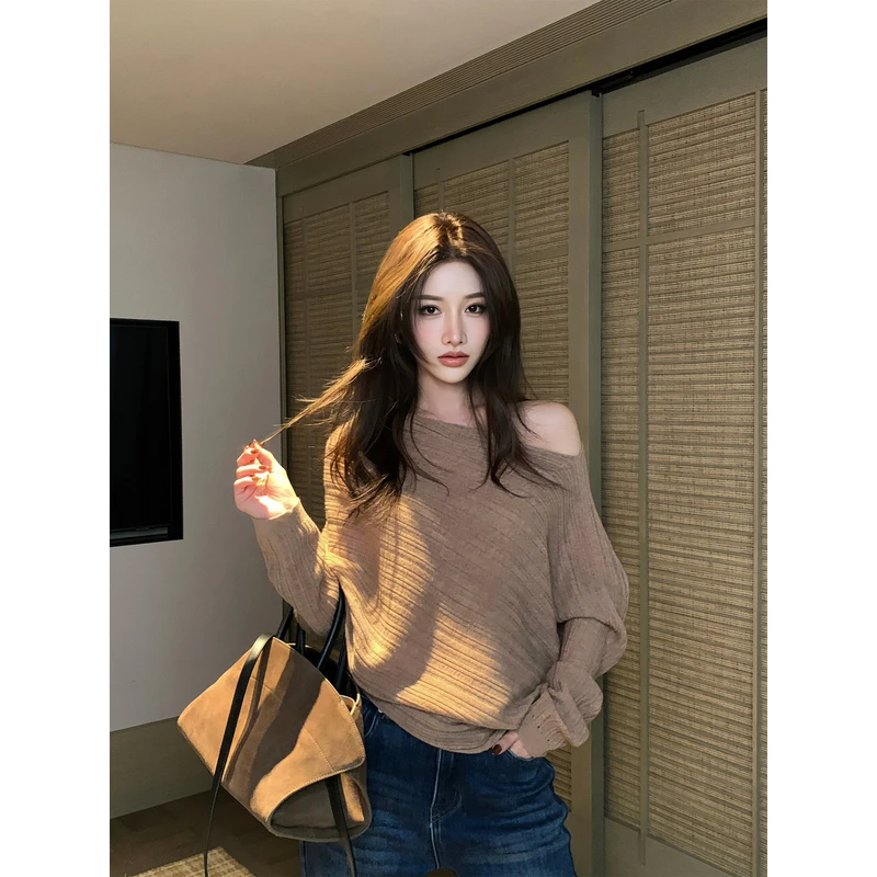 【12/29 20:00上新】100羊毛坑条纹斜肩毛衣 不规则下摆针织衫