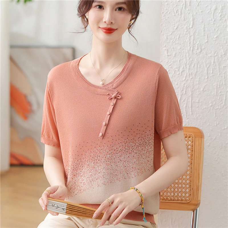 2025新款妈妈夏装短袖T恤小衫50岁中老年国风女冰丝针织夏季上衣