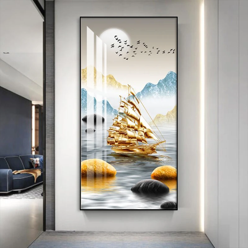 现代入户玄关装饰画走廊过道挂画一帆风顺正对门竖版墙高档壁画