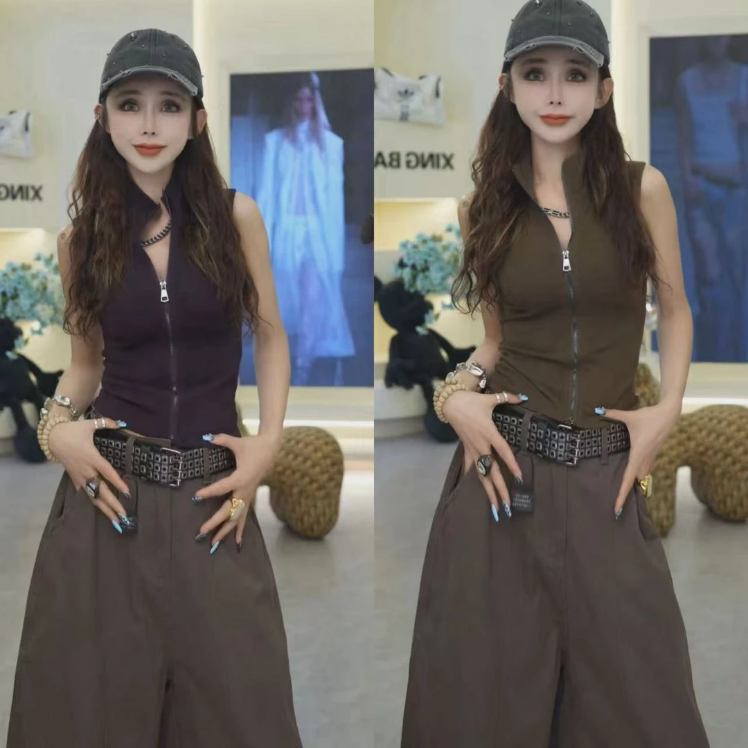 星宝原创酷飒风拉链无袖背心女夏外穿打底收腰显瘦内搭上衣