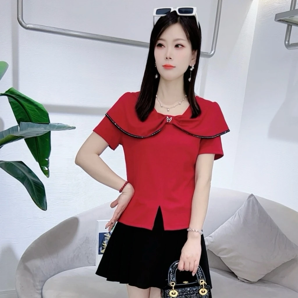 A8515设计感短袖T恤夏季新款蝴蝶结时尚小衫修身上衣