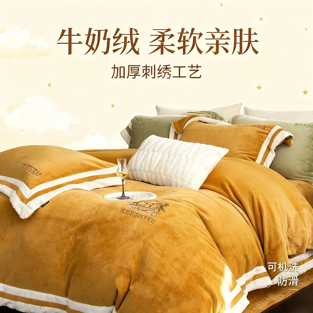 绒巴黎  牛奶绒加厚刺绣四件套被套加绒加厚毛绒被柔软亲肤可机洗