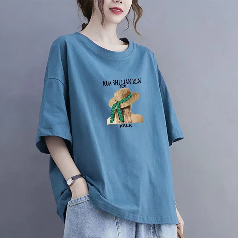 200斤大码纯棉上衣夏季休闲显瘦印花T恤女宽松大码新款圆领短袖女