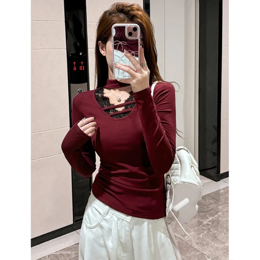 纯欲风显瘦蕾丝拼接u领长袖加绒挂脖T恤女秋冬修身加绒打底衫7097