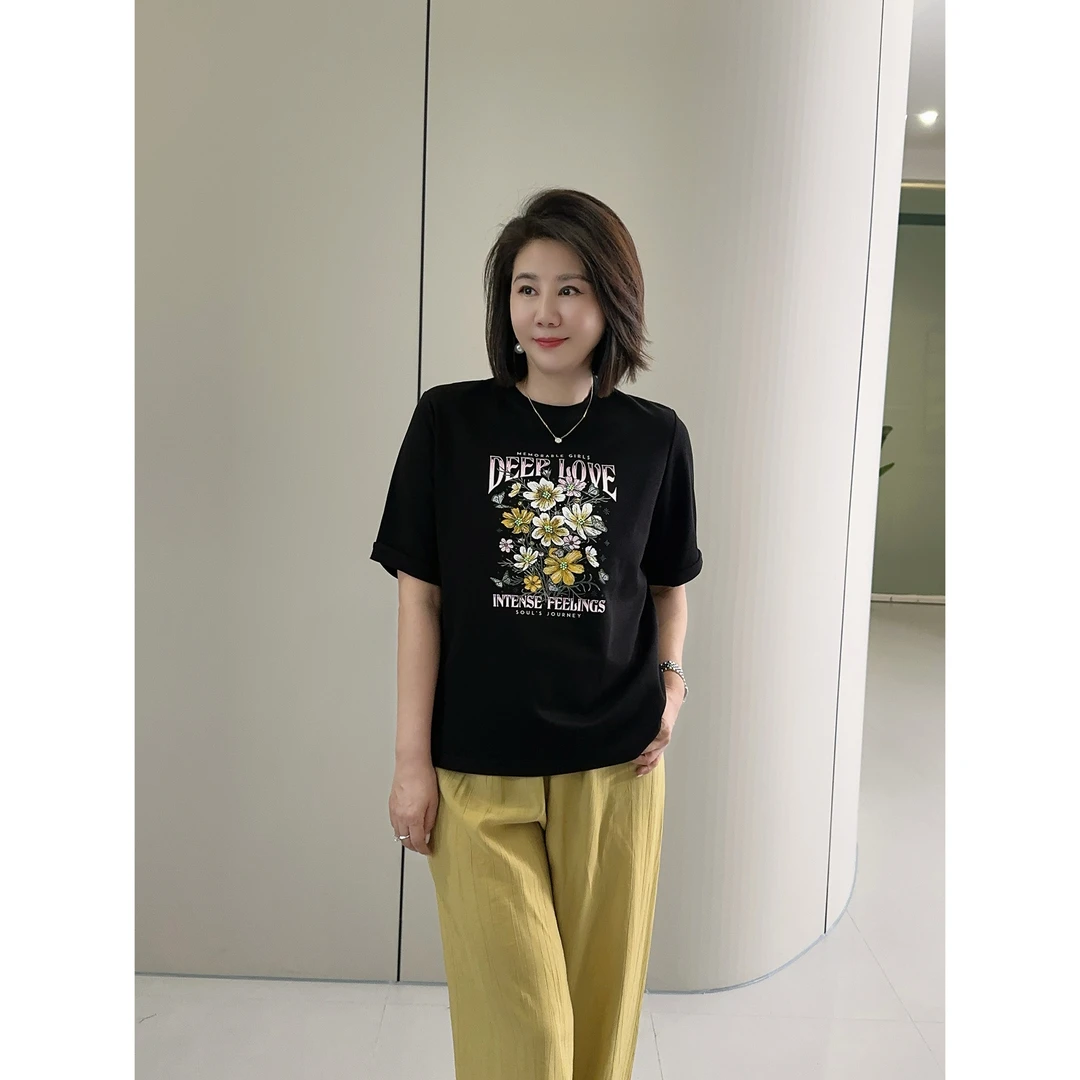 微胖女装【花开半夏】小黄花印花钉珠半袖T恤夏季百搭短袖上衣828